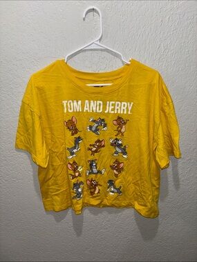 Yellow Womens XL Tom and Jerry Graphic Crop Top